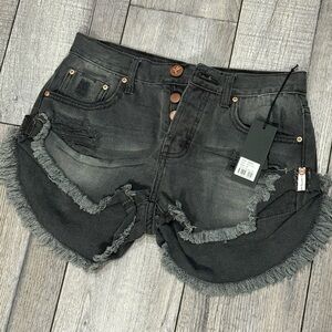 NEW! ONE by ONE TEASPOON Bandits Shorts Black Denim Raw Hem Button Fly